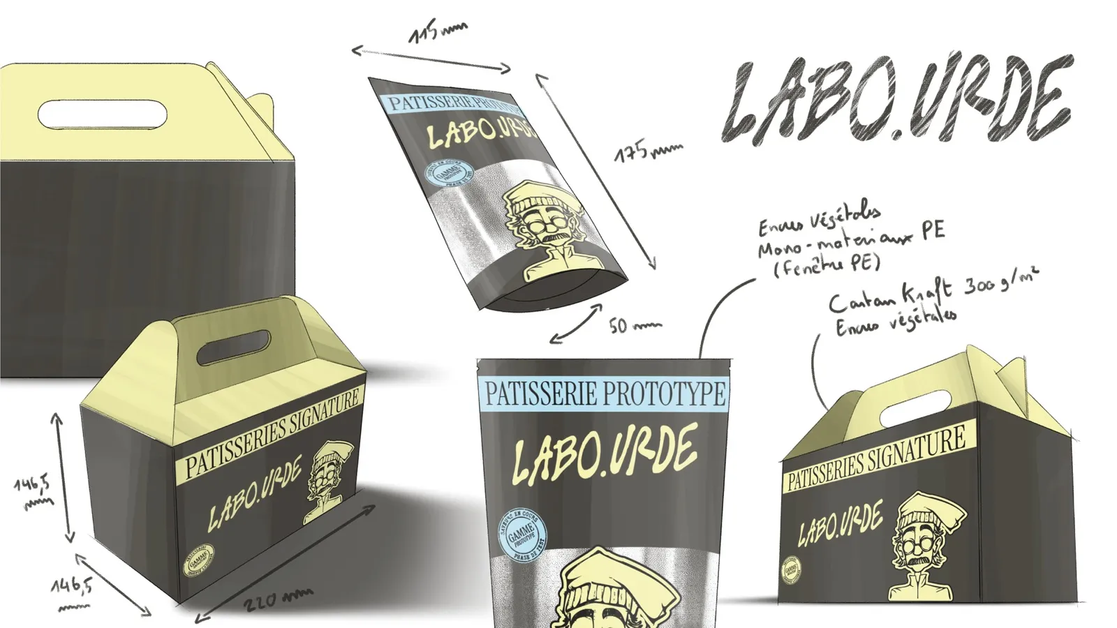 Croquis de conception packaging avec dimensions annotées