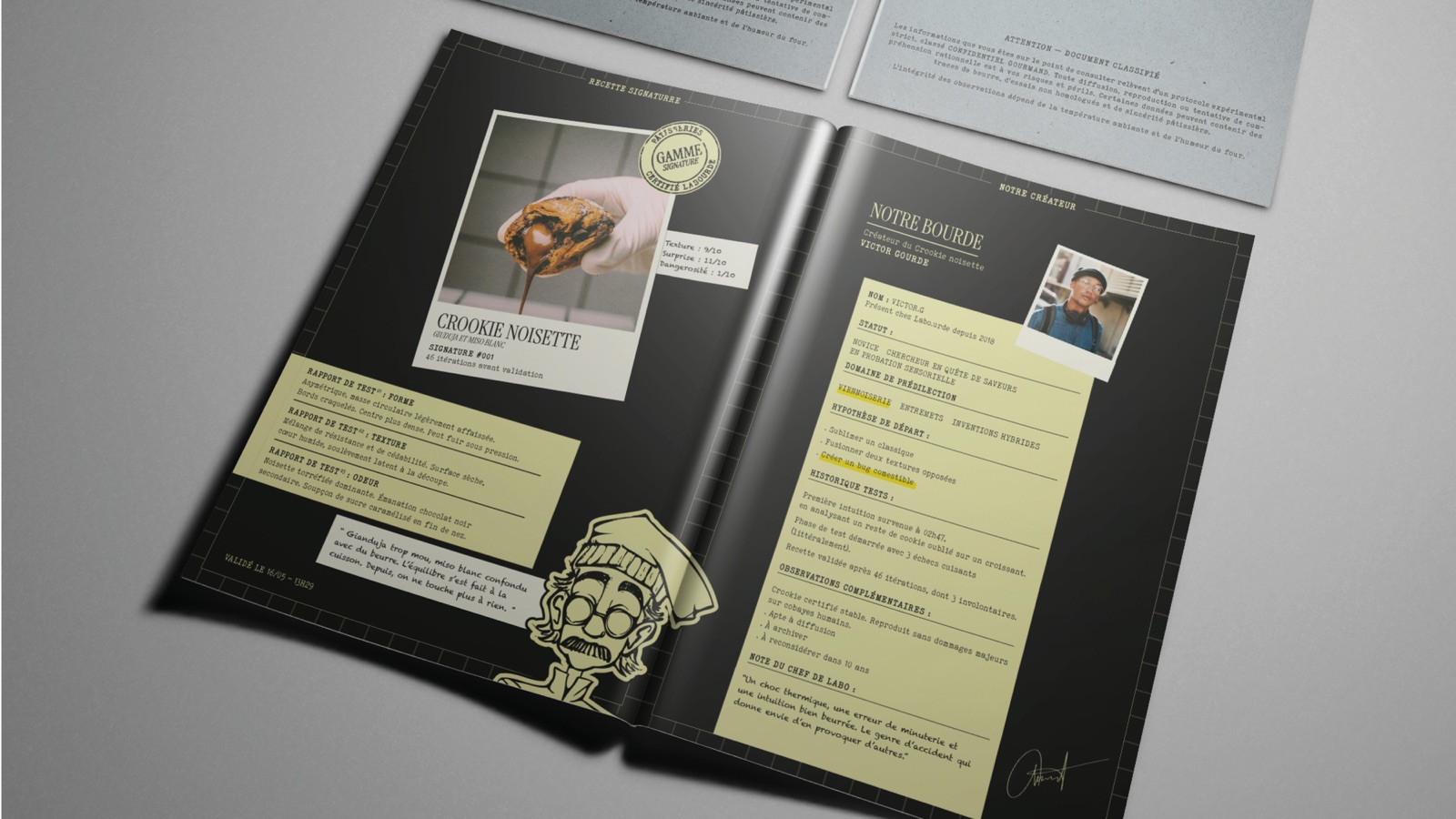 Double page Crookie Noisette avec fiche produit et bio créateur