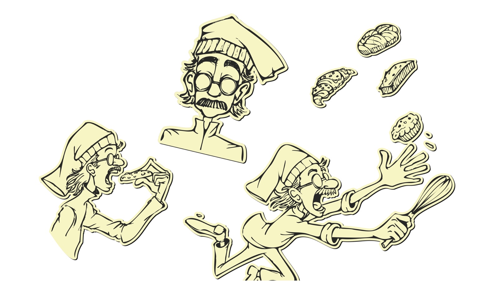 Illustrations mascotte — chef moustachu en trois poses